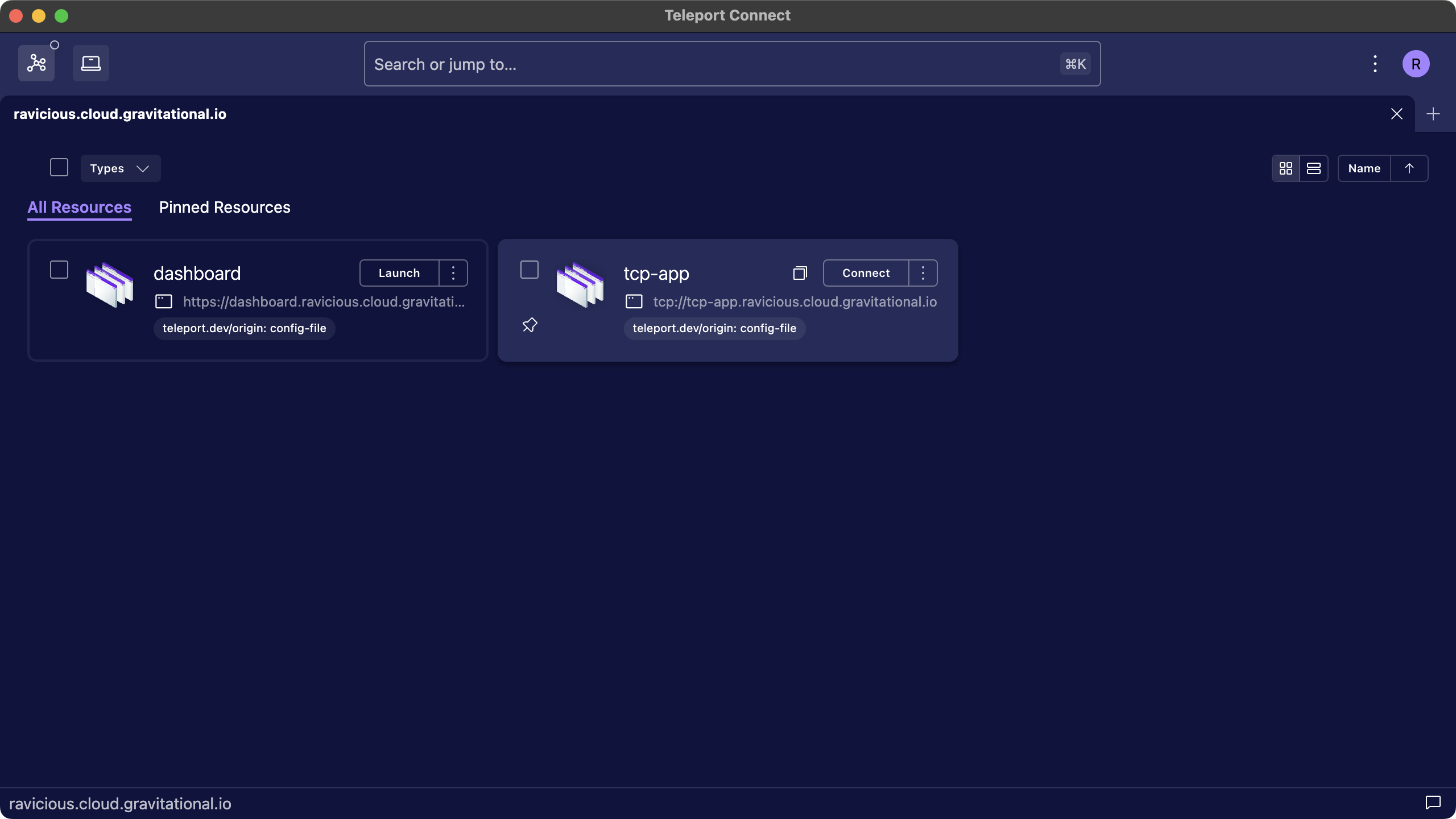 Resource list in Teleport Connect with a TCP app hovered over